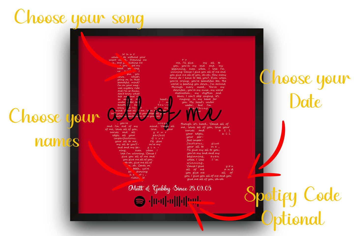 Modern LOVE song lyric framed print - Red