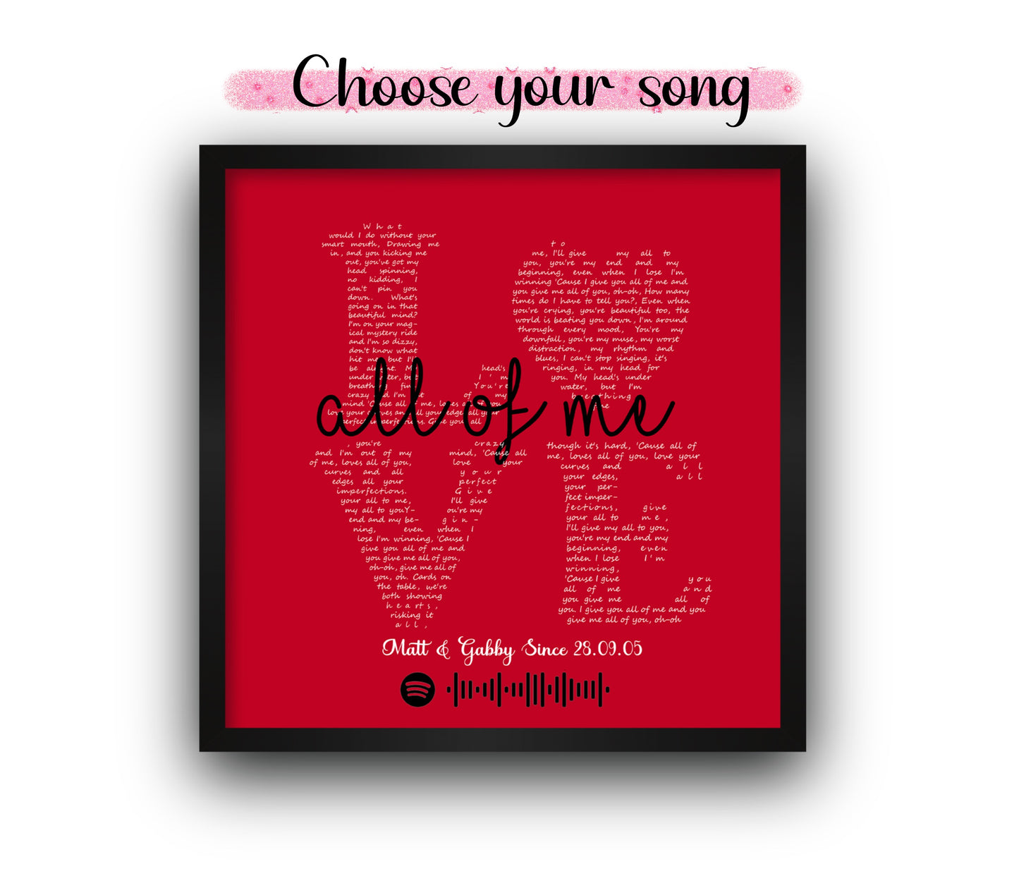 Modern LOVE song lyric framed print - Red